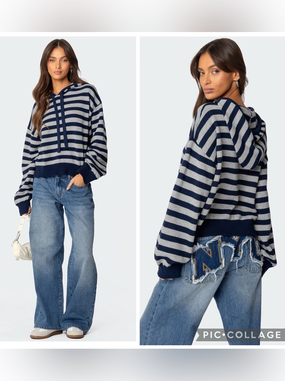 Edikted Navy Gray Striped Hooded Cotton Knit Cropped Sweater Size XS NWT